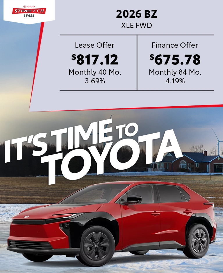 It's Time to Toyota 2026 BZ XLE FWD Red Deals @ Pickering Toyota